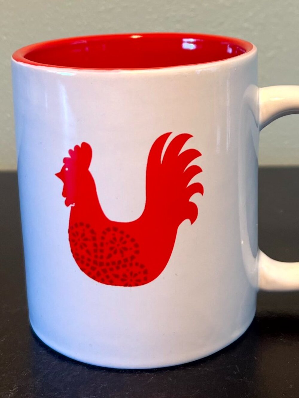 Red Rooster Chicken  Folk Art Style Red White Ceramic Coffee Mug Tea Cup